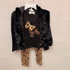 btween Black Faux Fur Cape with Leopard Print Leggings